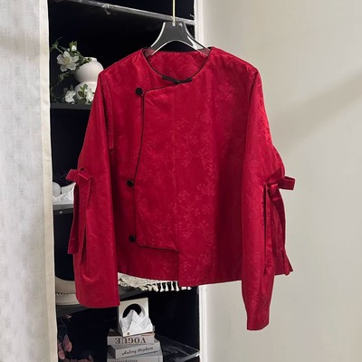 小雪家【红豆生南国】新中式桑蚕丝亚麻棉蝴蝶结填充羊毛加厚外套