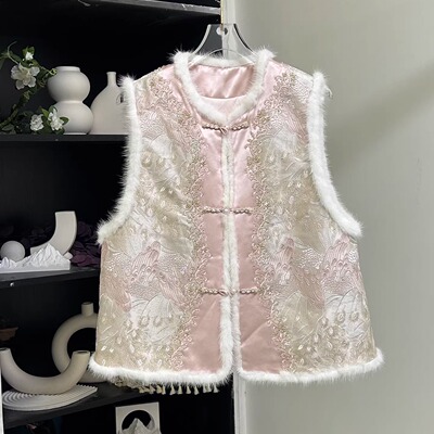 小雪家【浪漫颂歌】轻国风醋酸重工刺绣对襟仙气钉珠水貂毛马甲