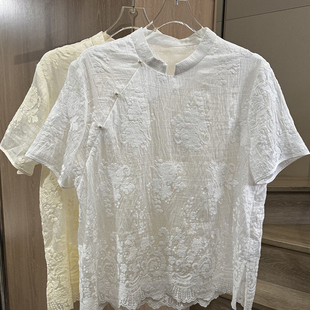 小雪家 小众设计新款小立领斜盘扣刺绣钩花日常百搭洋气上衣短袖