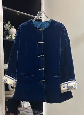 小雪家【蓝莓blueberry】新中式真丝丝绒刺绣中长鹅绒羽绒服外套