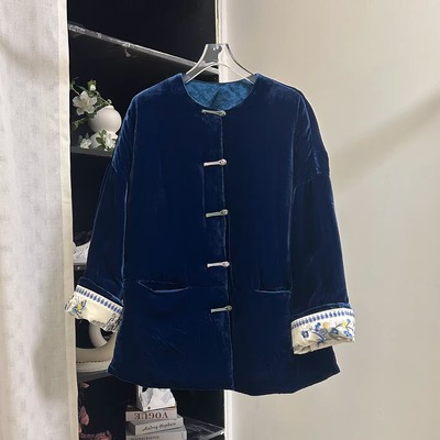 小雪家【蓝莓blueberry】新中式真丝丝绒刺绣中长鹅绒羽绒服外套