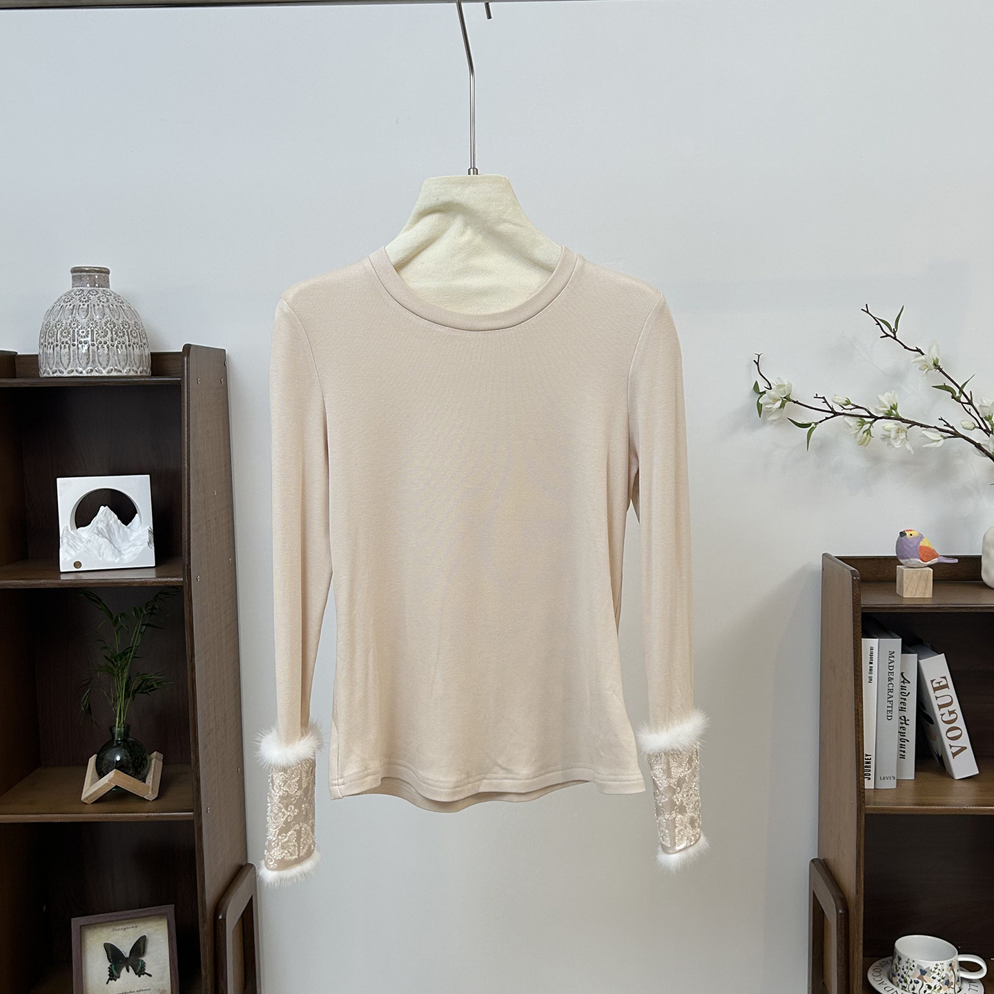 小雪家 新中式圆领套头简约钉珠拼接水貂毛磨毛通勤长袖内搭上衣