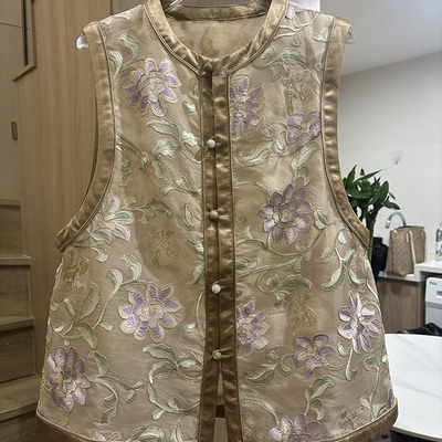 小雪家 夏季新款真丝欧根纱圆领金线刺绣拼接复古高端上衣马甲