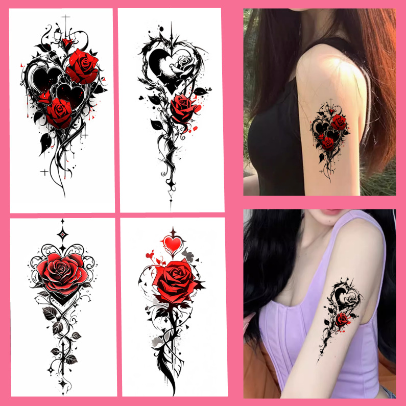 4张纹身贴纸玫瑰花胸前锁骨暗黑红色爱心仿真遮疤痕腿部手臂刺青