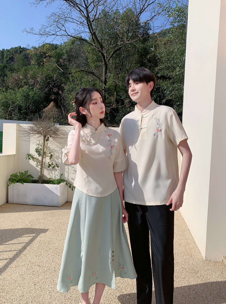民国风情侣装夏装复古刺绣短袖汉服中国风班服套装学生演出服男女