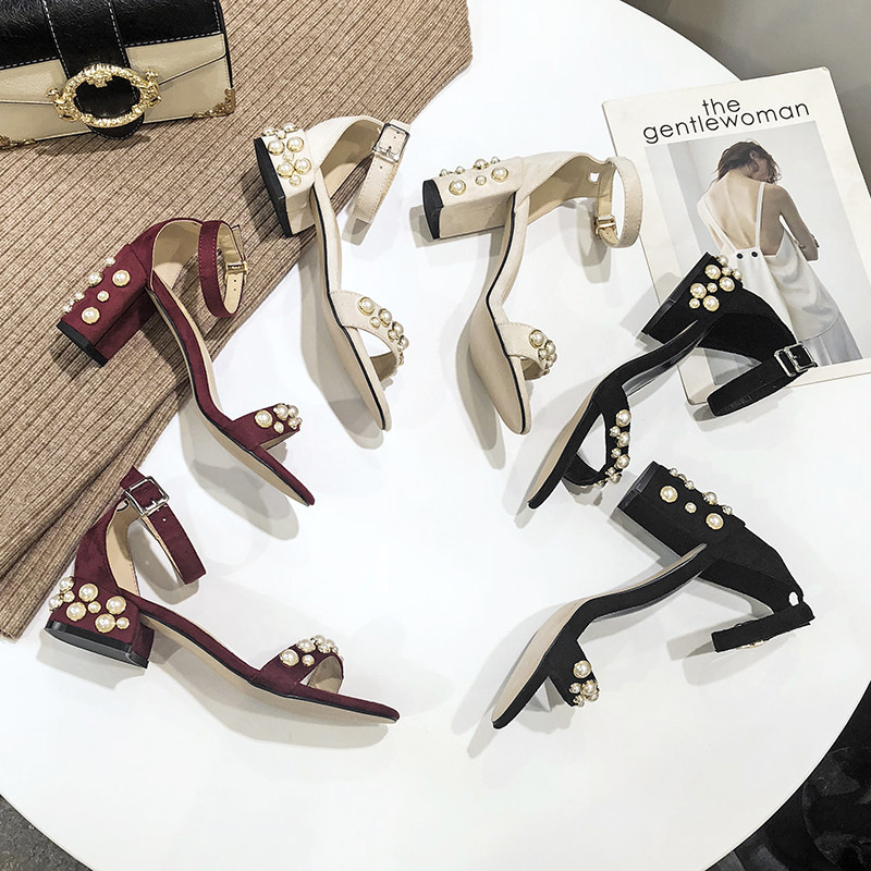 2020夏季新款百搭中跟露趾涼鞋壹字帶扣高跟粗跟珍珠涼鞋女仙女風在類目 女鞋, 涼鞋中 - 來自Buy2taobao.com提供專業的淘寶代購服務