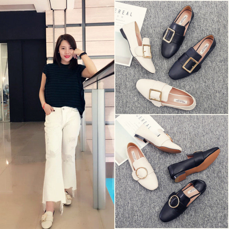2019夏季新款平底真皮单鞋方扣乐福鞋女白色懒人鞋女一脚蹬小皮鞋|ruв категории Женская обувь, низкий чистка - от Buy2taobao.com для оказания профессиональной услуги покупки агента Taobao