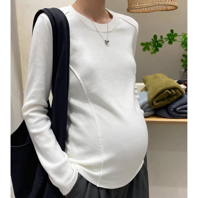 小个子孕妇白色不规则长袖T恤女2025秋冬新款修身内搭打底衫上衣