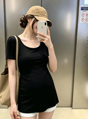 孕妇纯棉短袖中长款遮肚显瘦夏季新款时尚u领t恤衫下衣消失修身款