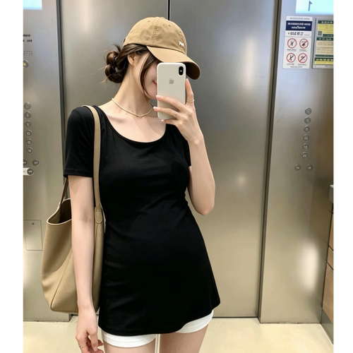 孕妇纯棉短袖中长款遮肚显瘦夏季新款时尚u领t恤衫下衣消失修身款