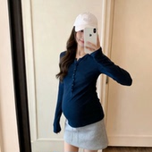 休闲百搭ins风外穿哺乳衣开扣 扣子t恤衫 孕妇纯棉上衣春秋新款 时尚