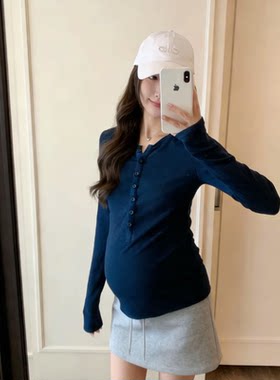 孕妇纯棉上衣春秋新款时尚扣子t恤衫休闲百搭ins风外穿哺乳衣开扣