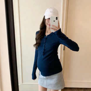 扣子t恤衫 休闲百搭ins风外穿哺乳衣开扣 时尚 孕妇纯棉上衣春秋新款