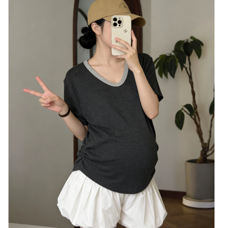 孕妇休闲套装夏撞边刺绣T恤白色花苞短裤遮肚显瘦孕期外穿两件套
