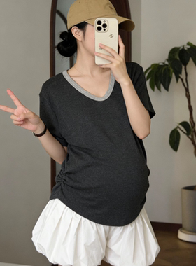 孕妇休闲套装夏撞边刺绣T恤白色花苞短裤遮肚显瘦孕期外穿两件套