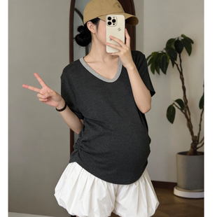 孕妇休闲套装夏撞边刺绣T恤白色花苞短裤遮肚显瘦孕期外穿两件套
