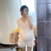 套装 透气小个子孕妇T恤休闲慵懒宽松刺绣V领上衣短袖 簿款 2024夏季