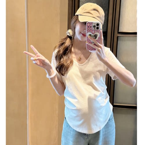 孕妇V领短袖T恤夏季棉质宽松遮肚显瘦版型孕期外穿舒适弹力上衣