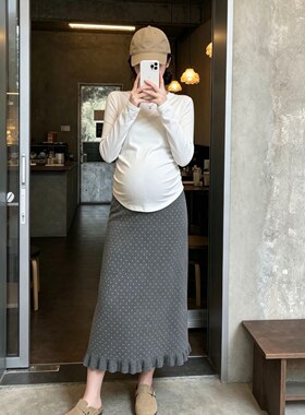 小个子孕妇装加厚波点木耳边针织半身裙高腰显瘦秋冬百搭中长裙子