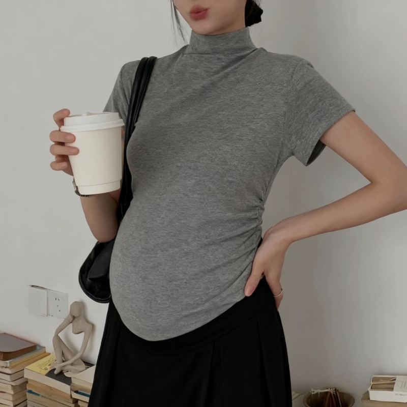 孕妇装秋冬新款时尚半高领短袖T恤女修身小个子打底衫高腰不规则