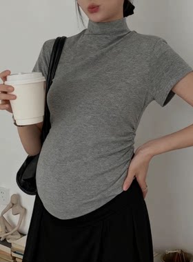 孕妇装秋冬新款时尚半高领短袖T恤女修身小个子打底衫高腰不规则