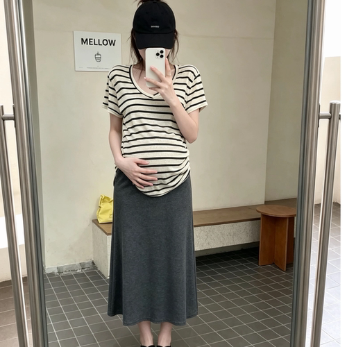 ins风孕妇装夏季新款时尚V领条纹短袖T恤女宽松休闲半身裙a字裙子