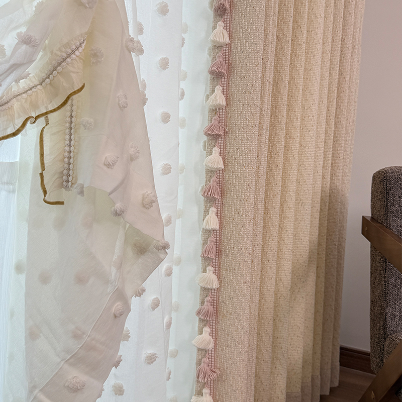 樱花泡芙新款高档公主奶油风卡通女孩儿童房粉色糖果兔子波点窗帘