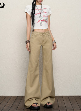 TGXQ美式牛仔裤女2025新款卡其色低腰辣妹覆古拖地不贴腿微喇叭裤