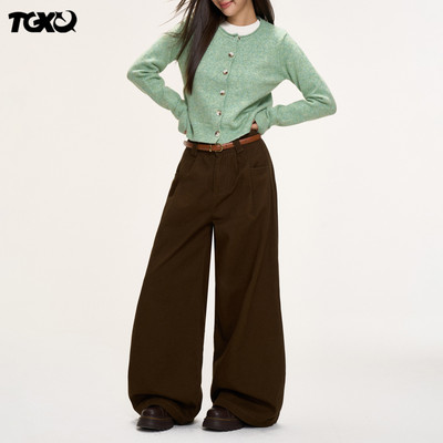 TGXQ美式直筒牛仔裤女2025新款高腰复古拖地松紧褶皱咖色阔腿裤子