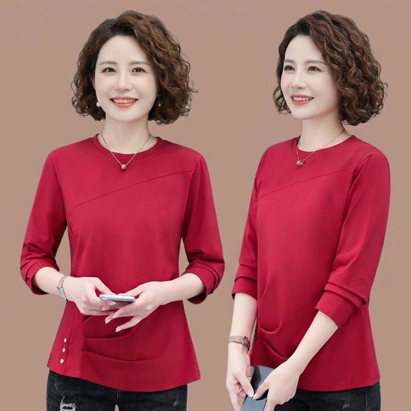 春装长袖t恤女中年妈妈宽松圆领显瘦纯棉纯色薄款打底衫2026新款