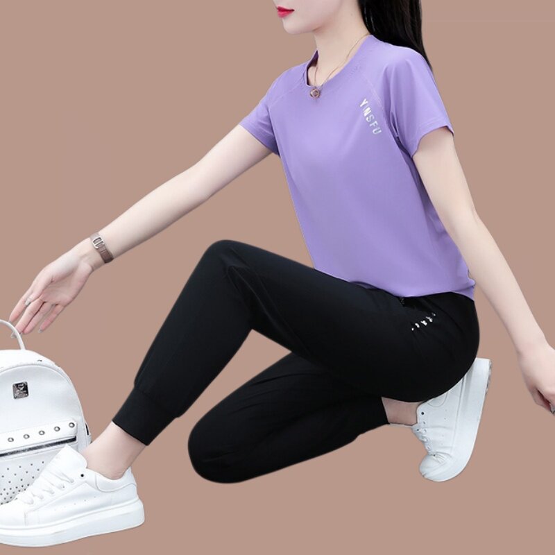运动穿搭女夏季冰丝速干短袖圆领两件套运动服套装中年妈妈夏装女