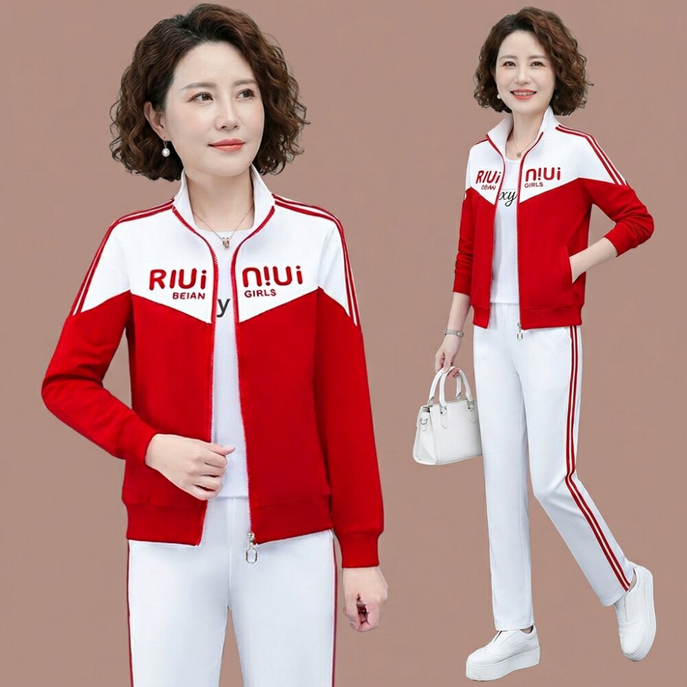 中年妈妈春装套装女运动服宽松显瘦春款衣服显年轻时尚洋气三件套