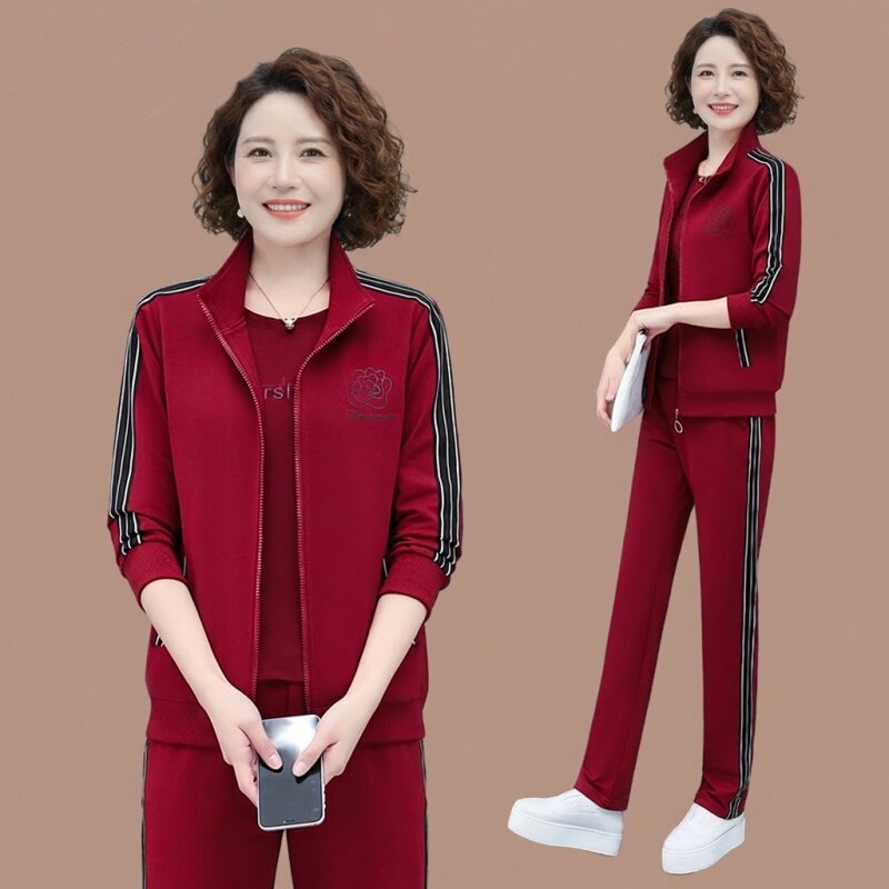春秋运动服女套装时尚洋气妈妈中年春装外套长裤短袖春季三件套女