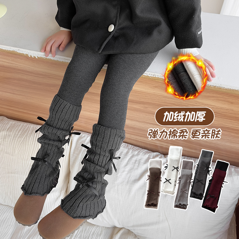 秋冬女童加厚保暖裤儿童蝴蝶结堆堆袜套拼接打底裤厚暖绒日韩百搭