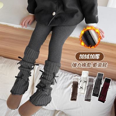 秋冬女童加厚保暖裤儿童蝴蝶结堆堆袜套拼接打底裤厚暖绒日韩百搭