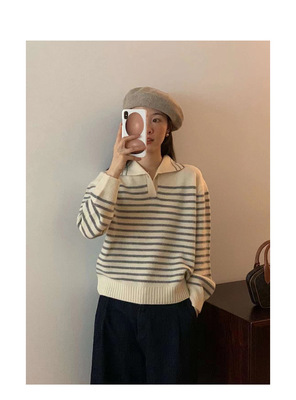 璐璐/ 韩货2022年秋冬EGG一粒扣条纹翻领针织羊毛衫长袖毛衣 包邮