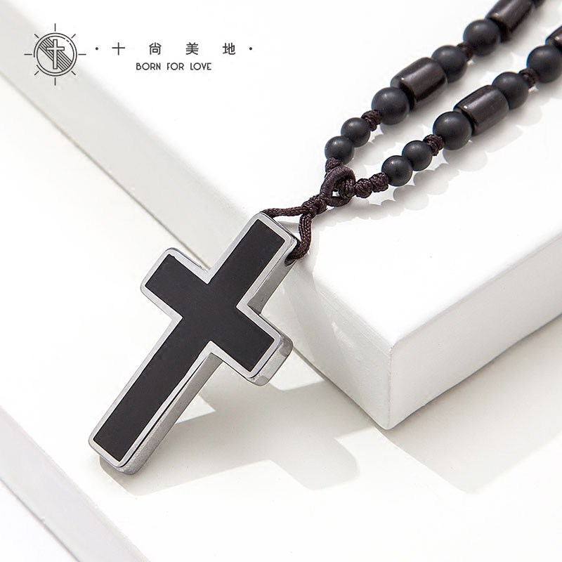 颂 钨金复古十字架项链男士潮款檀木挂绳cm吊坠长挂件古风配饰品