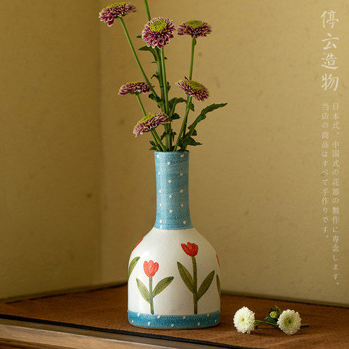 手绘复古粗陶花瓶客厅摆件装饰品