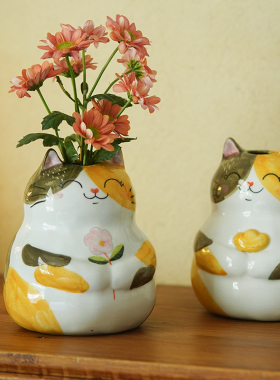 胖猫纳福插花花器手绘陶瓷花瓶