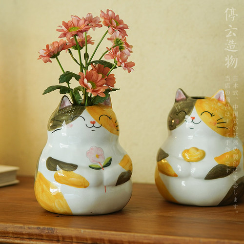 胖猫纳福插花花器手绘陶瓷花瓶