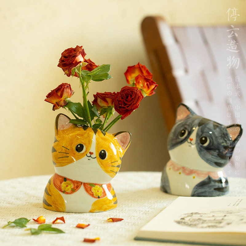 手工可爱歪头猫咪插花花器花瓶