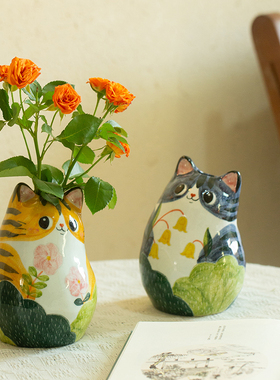 观瓷 猫形插花花器创意手绘陶瓷花瓶景德镇手工可爱猫咪摆件装饰