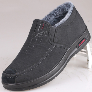 冬季老北京布鞋男棉鞋一脚蹬软底懒人鞋保暖加绒牛仔布男士休闲鞋