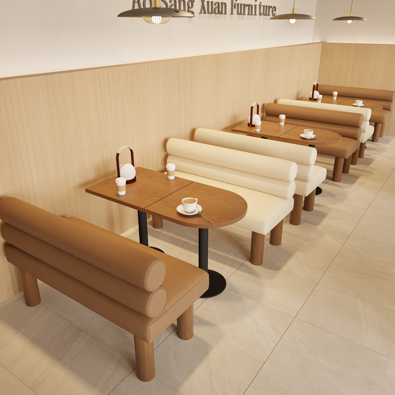 奶茶店桌椅卡座沙发茶楼咖啡厅餐椅商用接待座位靠墙实木凳子组合
