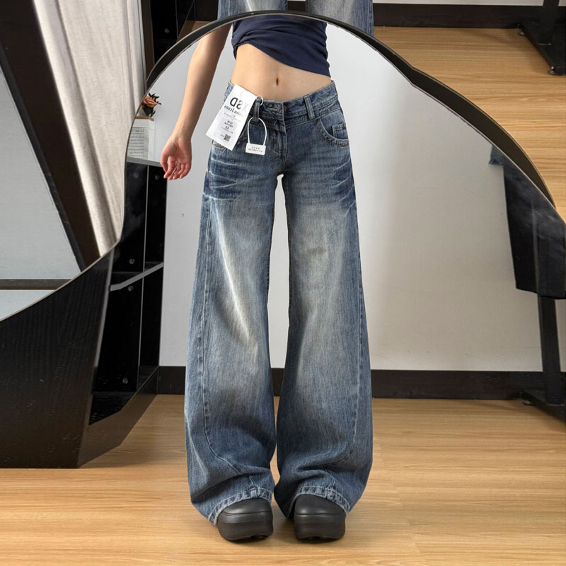 大码美式折痕牛仔裤女秋季低腰百搭胖mm宽松显瘦直筒拖地阔腿裤子
