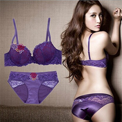 华丽蓝紫色 出口欧美镂空贴花刺绣性感蕾丝聚拢上托内衣文胸套装