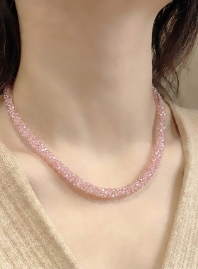 原创粉红色编织闪亮水晶项链颈链奢华晚礼服短款锁骨链毛衣链女