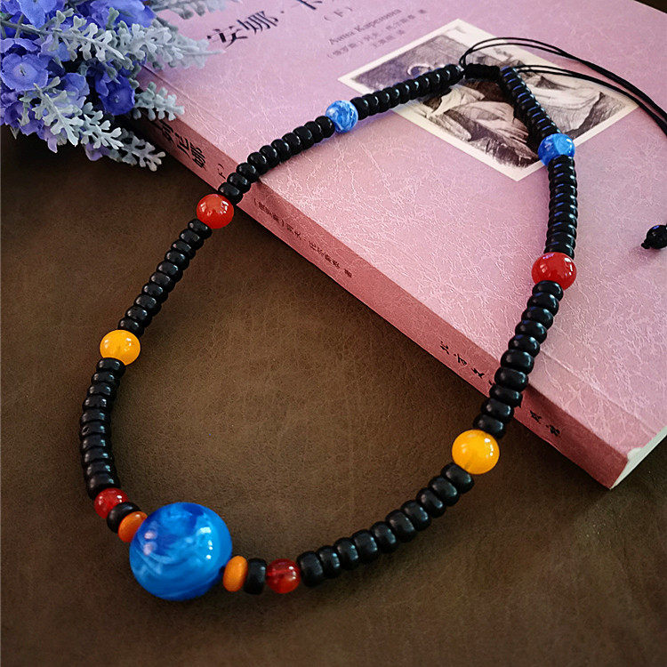 文艺复古蓝色蜜蜡圆珠短款项链女式禅意毛衣链原创民族风棉麻挂件