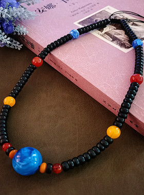 文艺复古蓝色蜜蜡圆珠短款项链女式禅意毛衣链原创民族风棉麻挂件