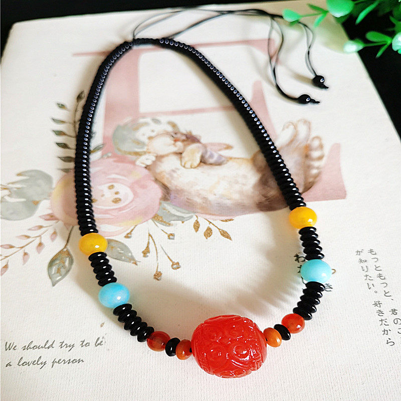 民族风蜜蜡圆珠锁骨链手工雕刻老蜜琥珀吊坠红血珀项链男女款颈链